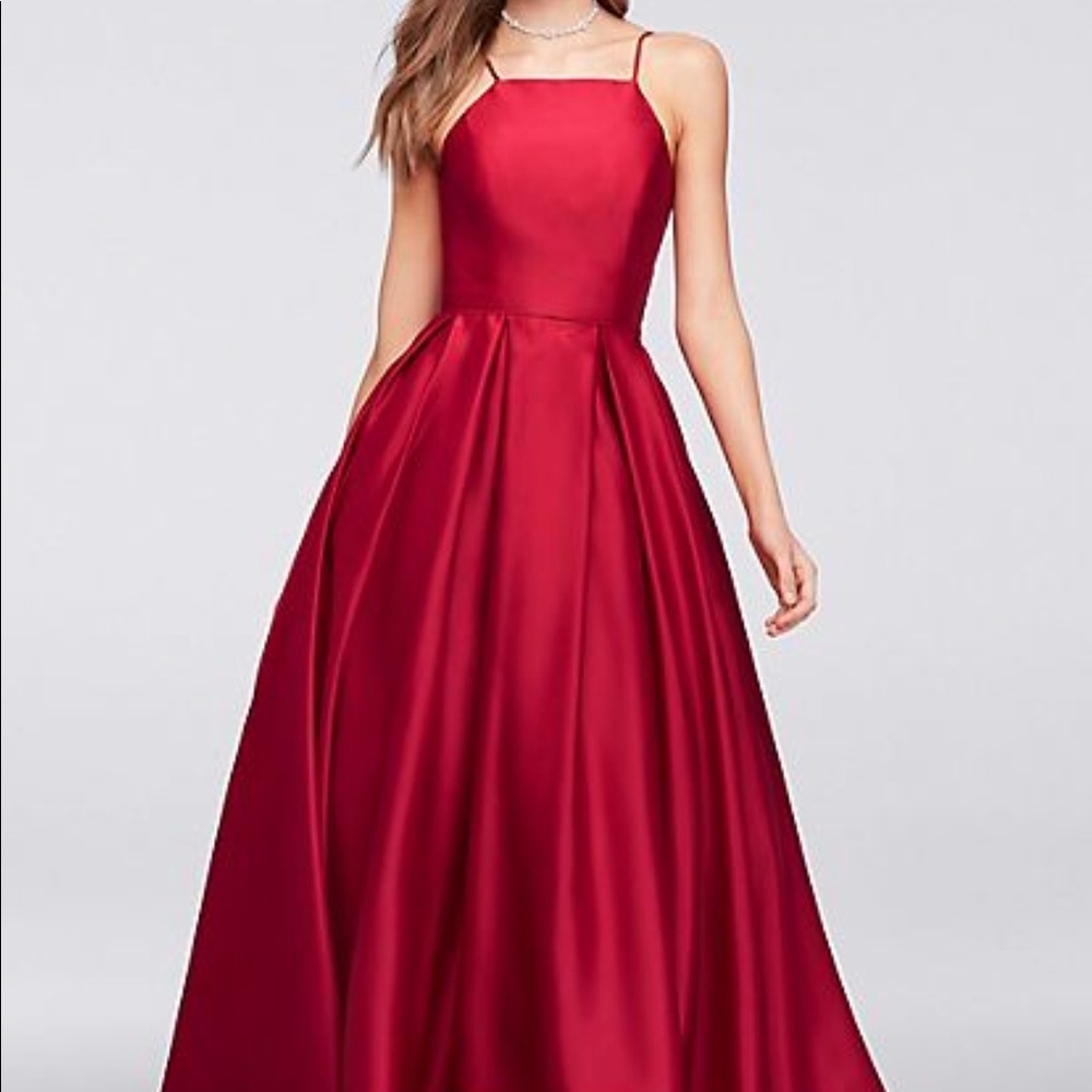 Betsy and Adam High-Neck Satin Ball Gown -00